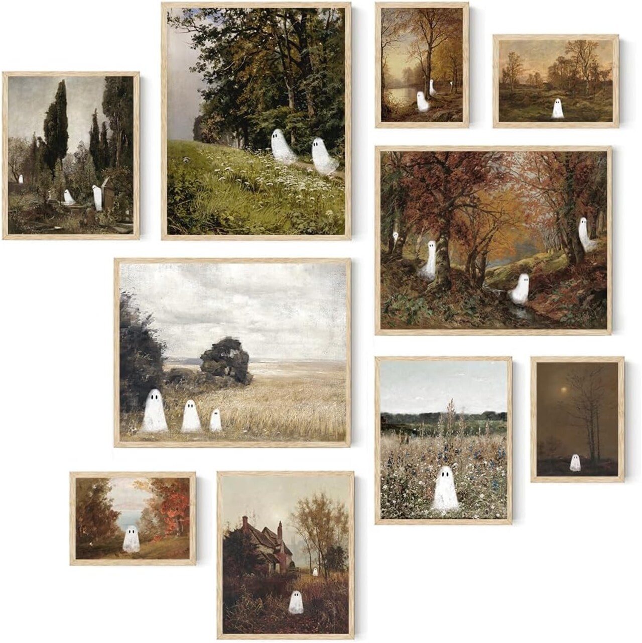 Vintage Ghost Halloween Wall Art – Retro Spooky Fall Canvas Prints, Farmhouse Aesthetic Posters for Home, Bedroom & Living Room Decor (Unframed)